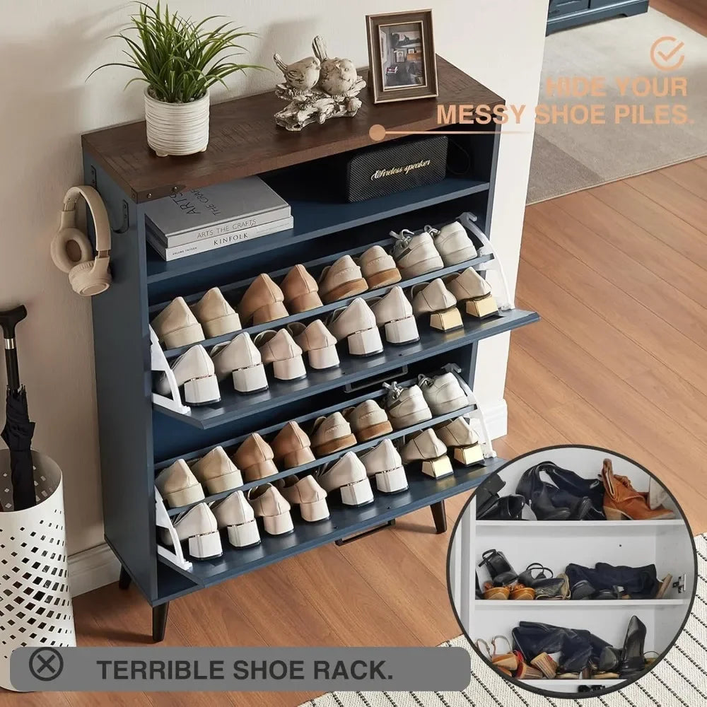 Shoe Storage Cabinet with 2 Flip Drawers & Barn Door Design
