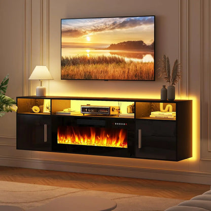 LED Floating Fireplace TV Stand 70'' Wall Mounted Shelf