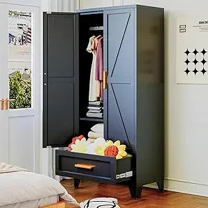 Farmhouse Metal Wardrobe Closet with Hanging Rod, 2 Barn Doors & Adjustable Shelves