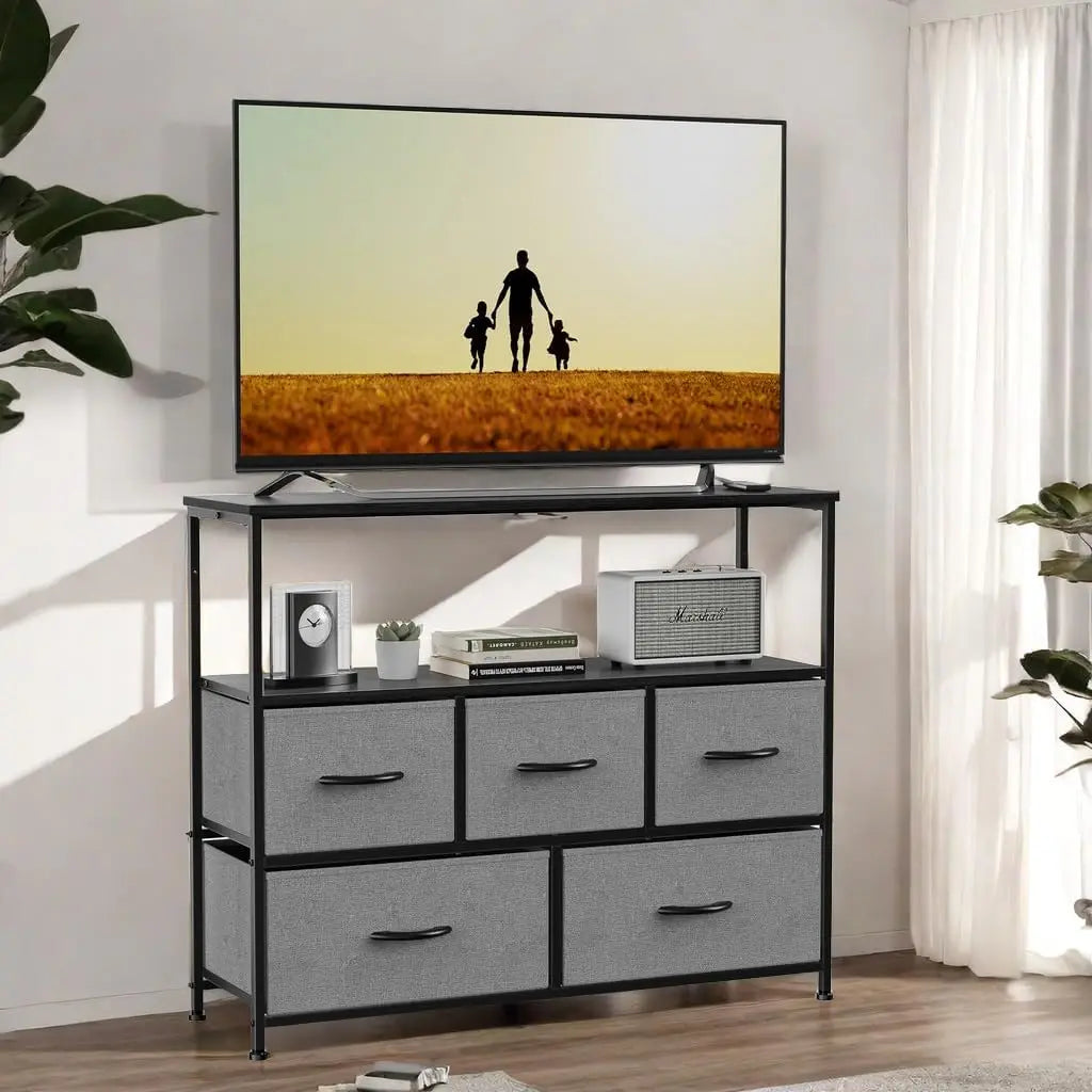 45" TV Stand Modern Fabric 5 Drawer Storage Center