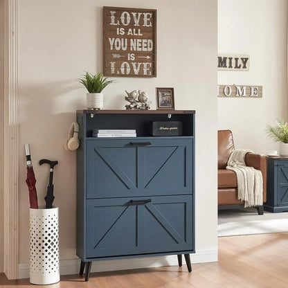 Shoe Storage Cabinet with 2 Flip Drawers & Barn Door Design