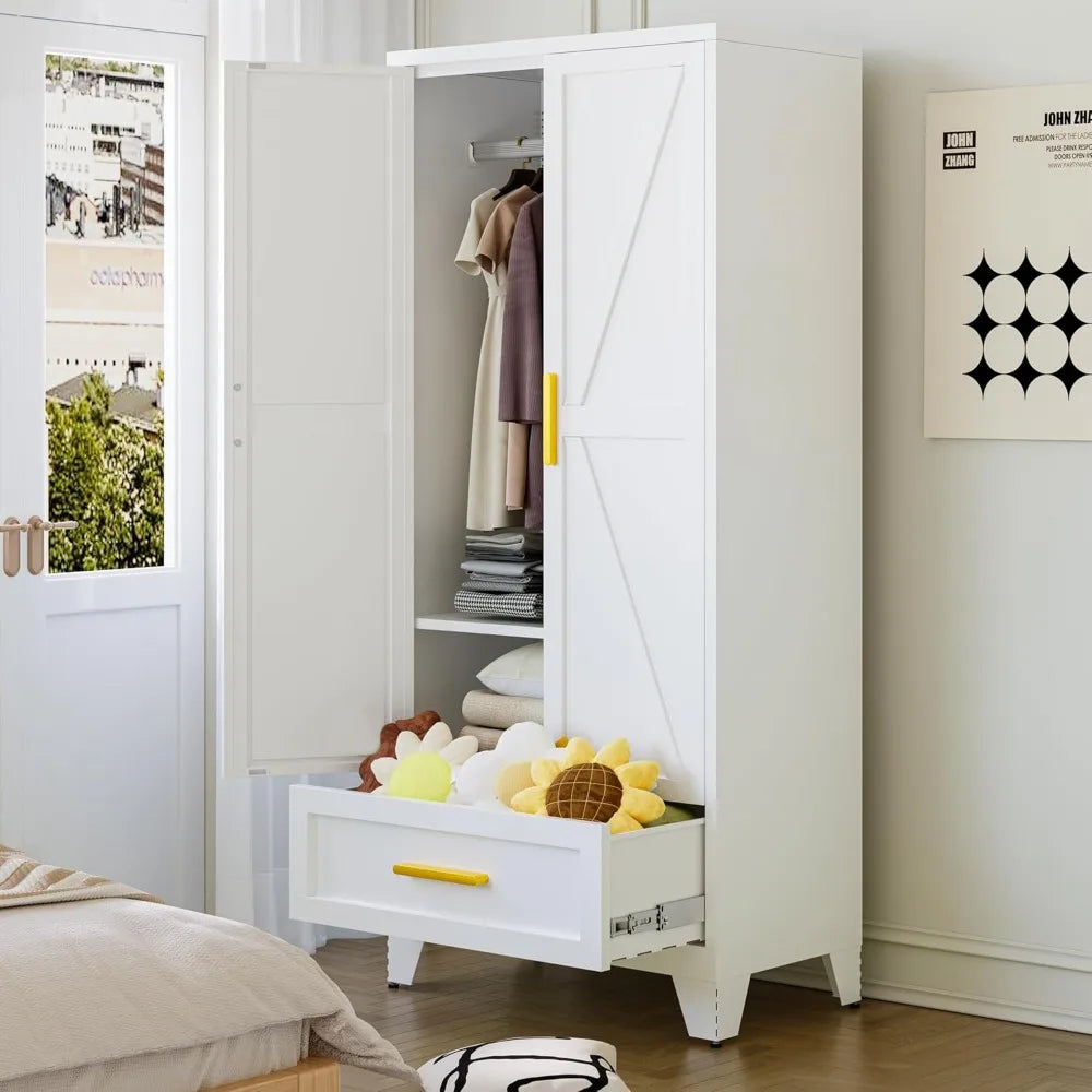 Farmhouse Metal Wardrobe Closet with Hanging Rod, 2 Barn Doors & Adjustable Shelves