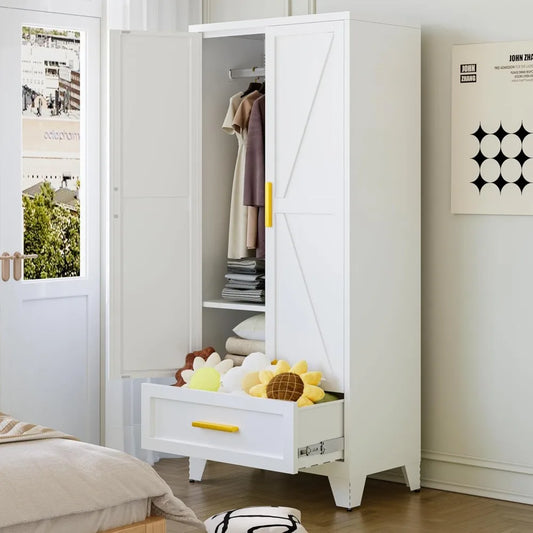 Farmhouse Metal Wardrobe Closet with Hanging Rod, 2 Barn Doors & Adjustable Shelves